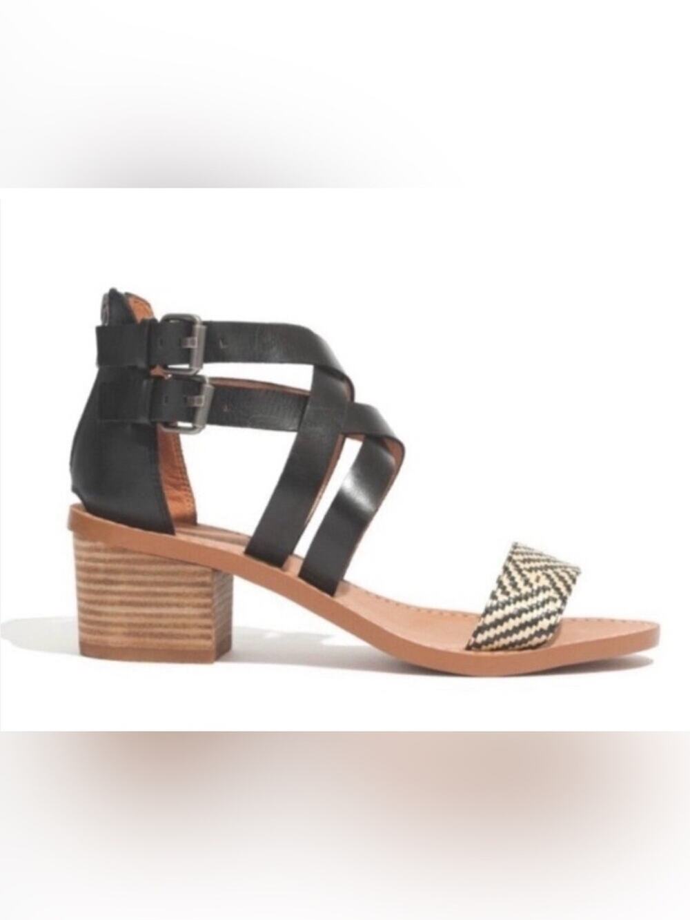 Madewell Lora A8732 Leather Gladiator Block Heel Sandals 7.5 Black Raffia Woven